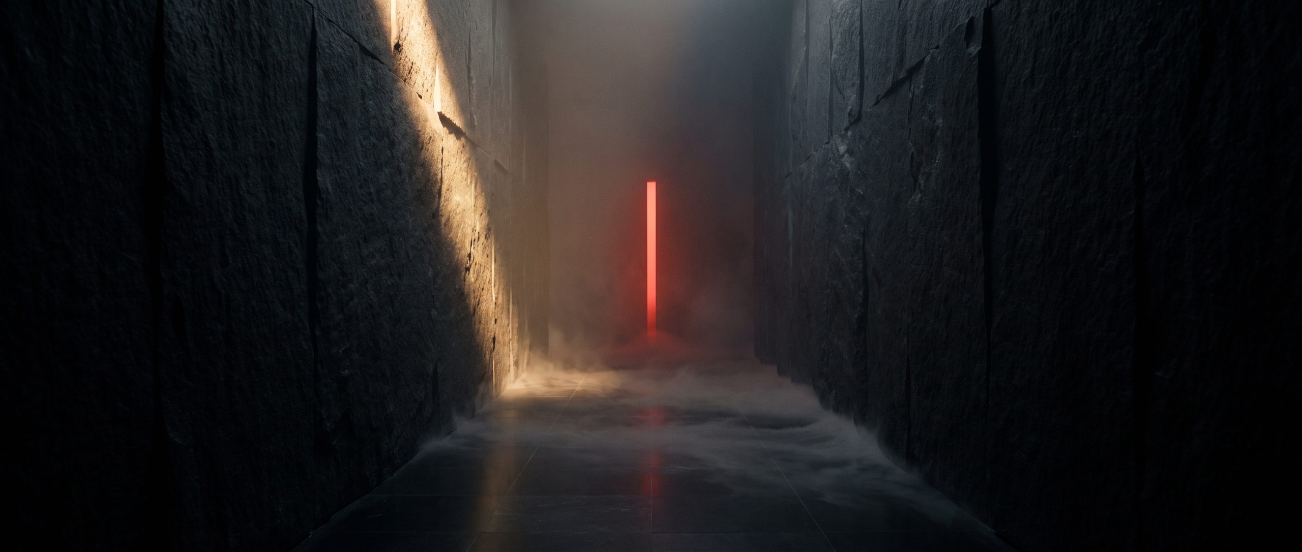 A narrow passage between towering walls of black stone, converging on a distant slit of red light.